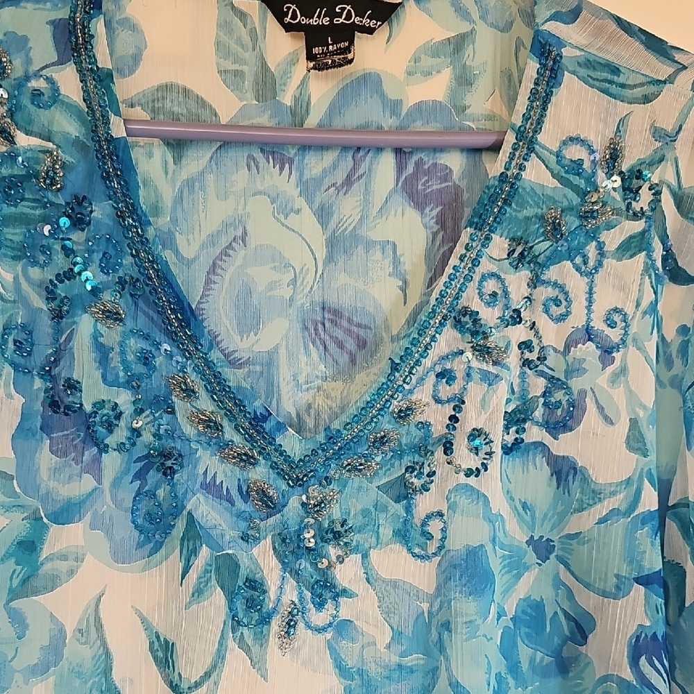 Double Decker Lightweight Beaded Sequins Blue Floral Embellished Tunic Large - Picture 6 of 11